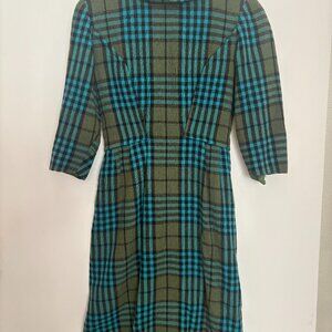 60’s Vintage Green/Turquoise Plaid Wool Blend Back Zipper No Label Size S